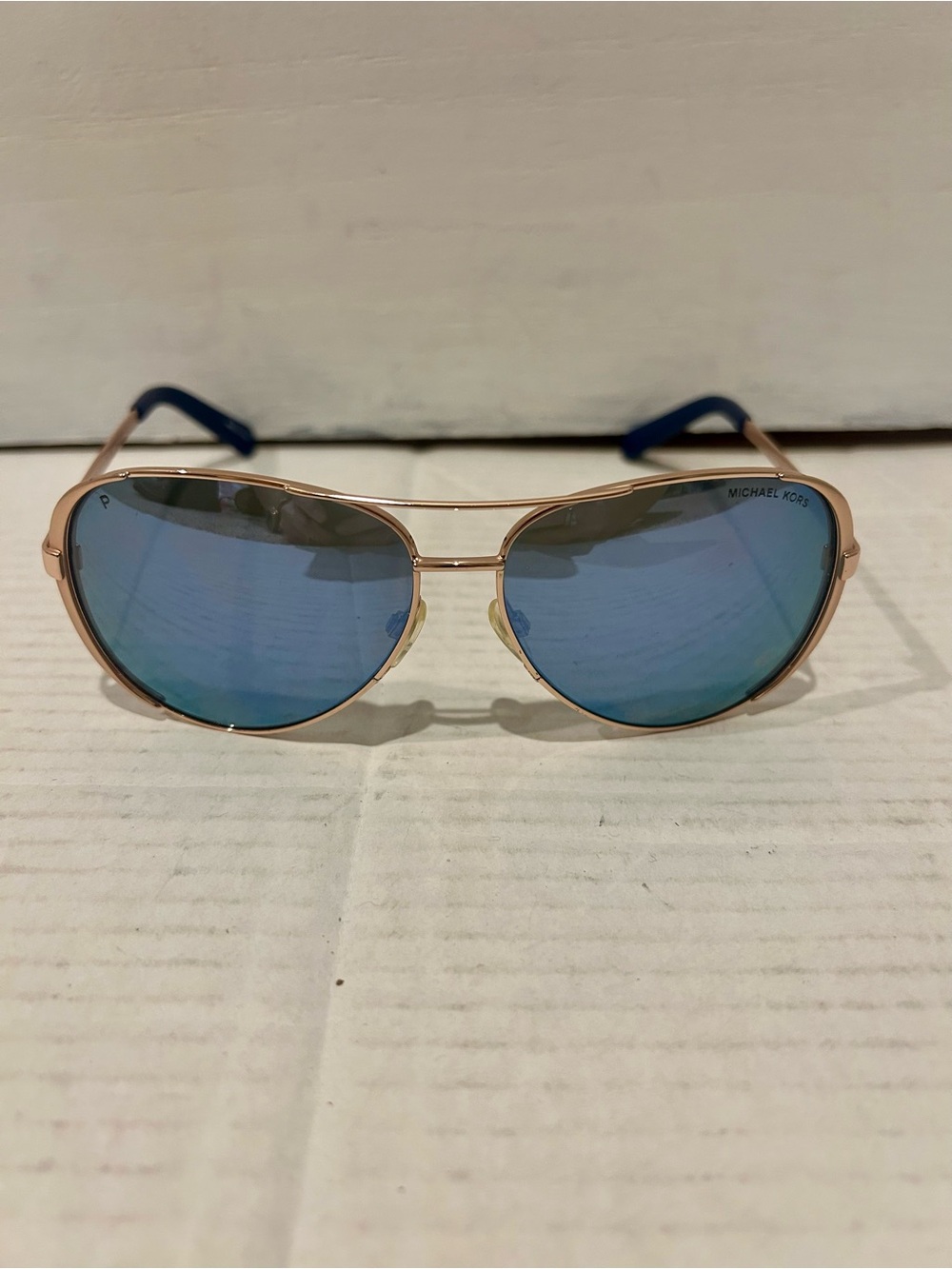 Michael Kors Chelsea Gold Aviator Sunglasses with Blue Lenses